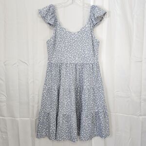 Monteau Size Small Floral Blue Dress with Ruffle Sleeves
